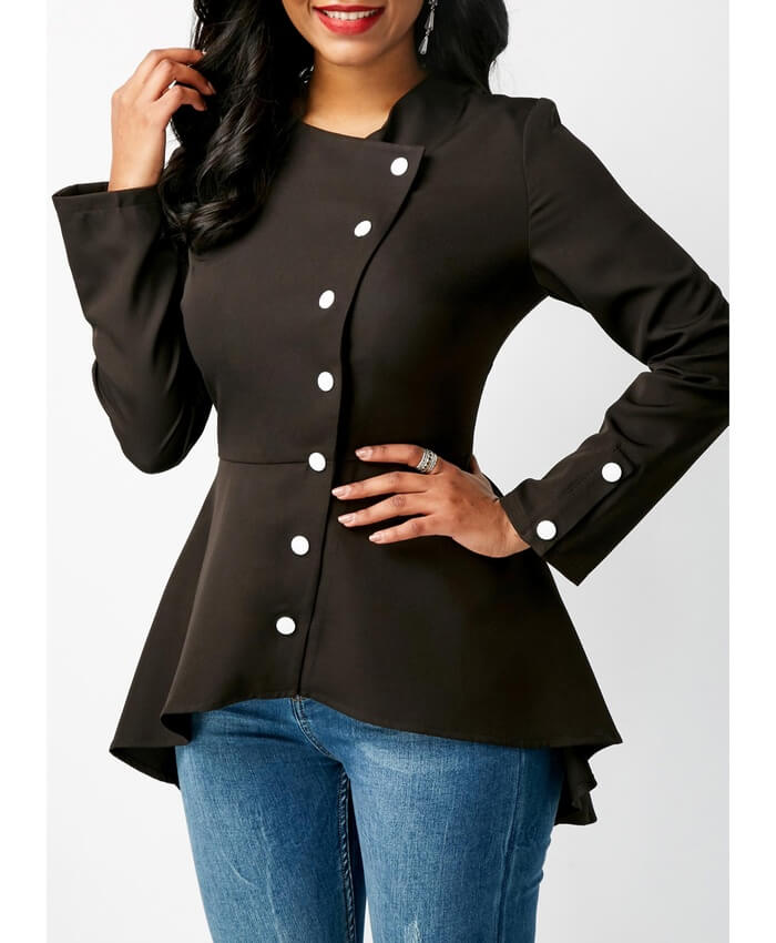 Button Up Asymmetric Hem Black Blouse